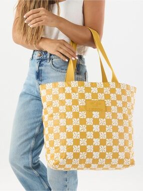 ALOHA Collection Pua Check Day Tripper - Hot Mustard Yellow Floral Checker Tote